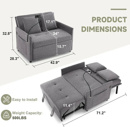 3-in-1 Convertible Sleeper Sofa Bed with USB/Type-C Ports, Adjustable Backrest, Dark Grey - Kimlud