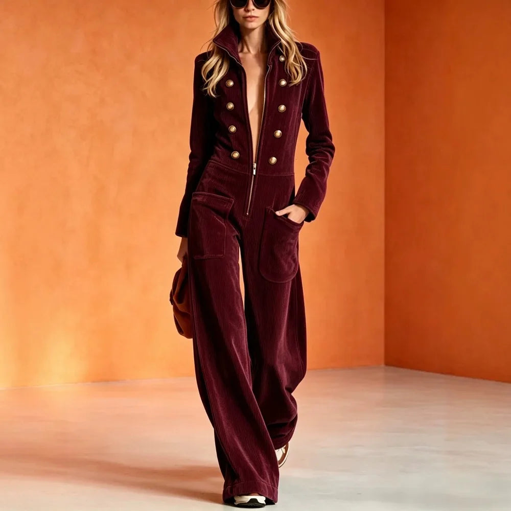 2026 Fall Winter Women Corduroy Stand Collar Front Zip Wide Leg Jumpsuit Mid Waist - Kimlud