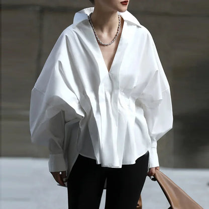 Freeacy 2023 Spring Summer New White Long Sleeves One-size Loose Pleated Blouses Lapel Collar Shirt Tops For Urban Women