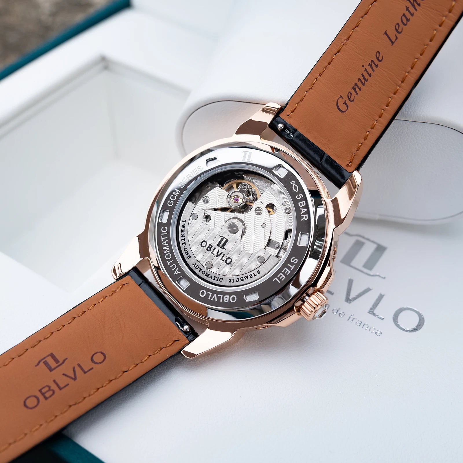 OBLVLO Men's Classic Watch with Colorful Diamonds Bezel Red Dial Mechanical Automatic Moonphase Multifunction Leather Strap GCM-MUT