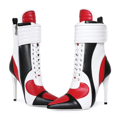 Women Pointed Toe Stiletto High Heel Ankle Boots Color Block Lace Up Fashion Party Club Punk Streetwear Booties