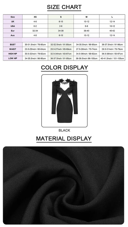 VC Elegant Dresses For Women Dinner Party Wear Long Sleeve Waist Cut Out  Patchwork Lace Black V Neck Mini Dress Gown