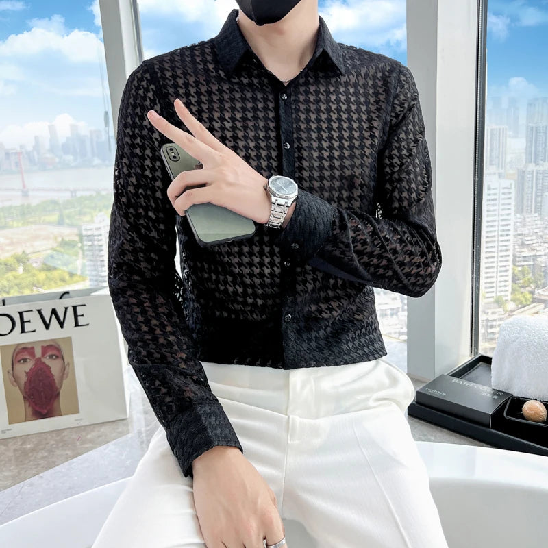 Sexy Transparent Mesh Long Sleeved Shirts for Men Fashion Party Night Club Plaid Printed Slim Fit 4XL Mens Dress Shirt Plus Size - Kimlud