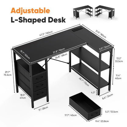 JHK L Shaped Desk with Shelf Drawers 55 Inch Corner Computer Desks Gaming with Power Outlet Adjustable Shelves Home Office Table