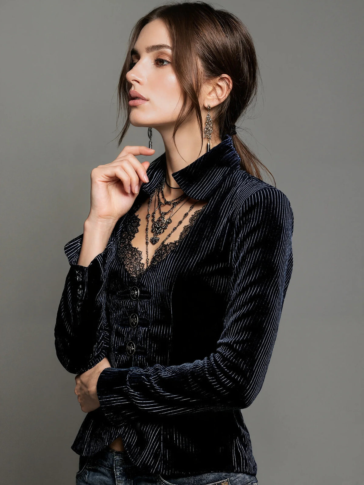 Women Striped Velvet Blouse Tops Elegant Vintage Casual Single Breasted Lace Flare Sleeve Slim Stand Collar Solid Gothic Tops