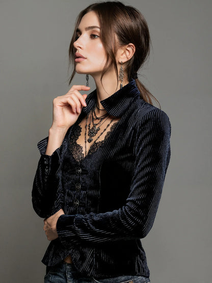 Women Striped Velvet Blouse Tops Elegant Vintage Casual Single Breasted Lace Flare Sleeve Slim Stand Collar Solid Gothic Tops