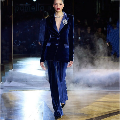 Sophisticated Velvet Suit Two Pieces Jacket Pants Chic Peaked Lapel Straight Outfit Model Show Business Office Women Wear - Kimlud