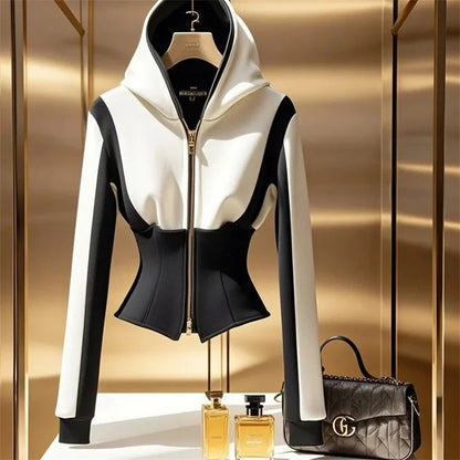 Spring And Autumn New Hooded Contrast Short Tops Female Temperament High Quality Waist Collection  Hoodie Short Coat Women Coats