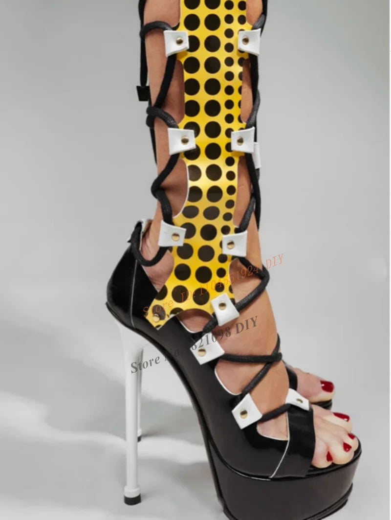 Strappy Polka Dot Thick Platform Thin High Heel Sandals Women Sexy Cross Tied Lace Up Mixed Colors Women Summer Knee...