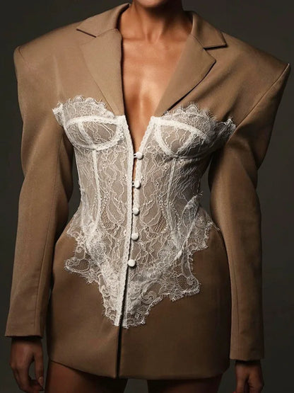 ZMEENNA 2025 Spring New Women's Black Blazer With Delicate White Lace Corset Overlay Structured Shoulders ZM954