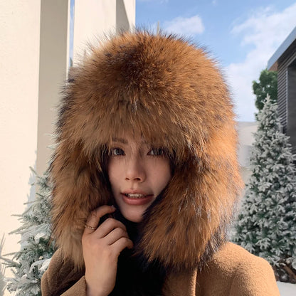 Natural Raccoon Fur Caps Russian Hat Unisex Trapper Fur Cap Aviator Trooper Winter Thickened And Warm Flaps Ski Hat Bomber Hats