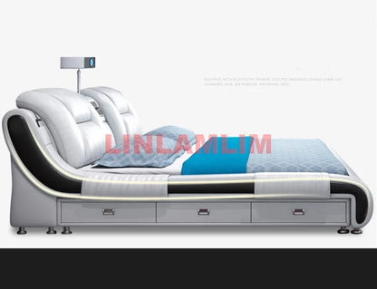 BJ Genuine Leather Bed Multifunctional Beds Ultimate Massage Camas With Bluetooth,Speaker,Safe,Air Cleaner, Projector,Drawers