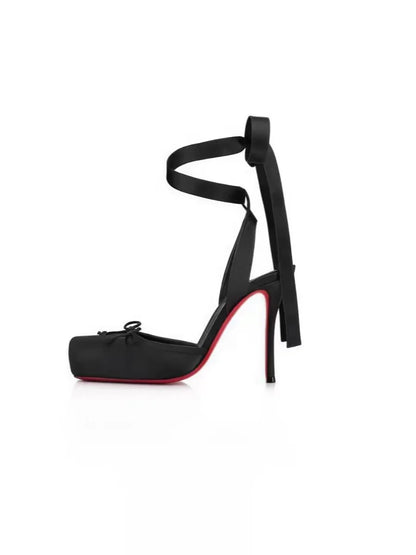 New ballet red soled high heels satin ribbon French bow women's shoes rose red cross strap sandals