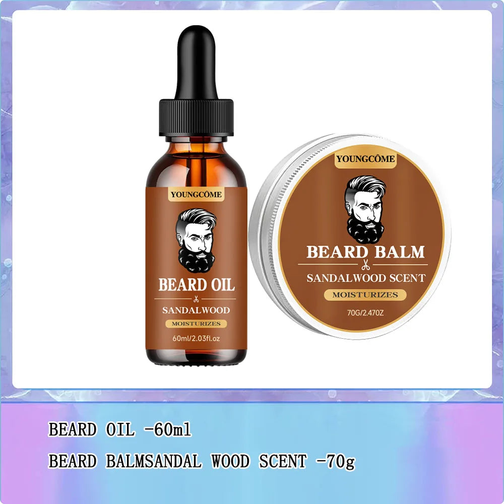 Organic Beard Growth Oil & Sandalwood Balm 1/2/4 Set-24H Nourishing, No Flakes, Men's Grooming Kit with Argan Oil &...
