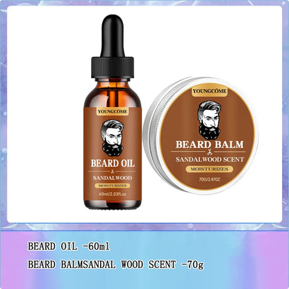 Organic Beard Growth Oil & Sandalwood Balm 1/2/4 Set-24H Nourishing, No Flakes, Men's Grooming Kit with Argan Oil &...