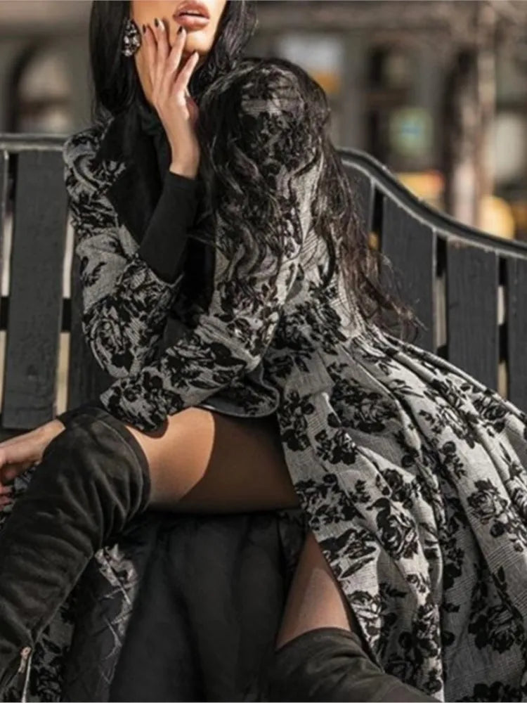 Women New Vintage Print Splicing Lace Trench Coats Autumn Long Sleeve Button Coat Female Casual Big Swing Fashion Party Jackets