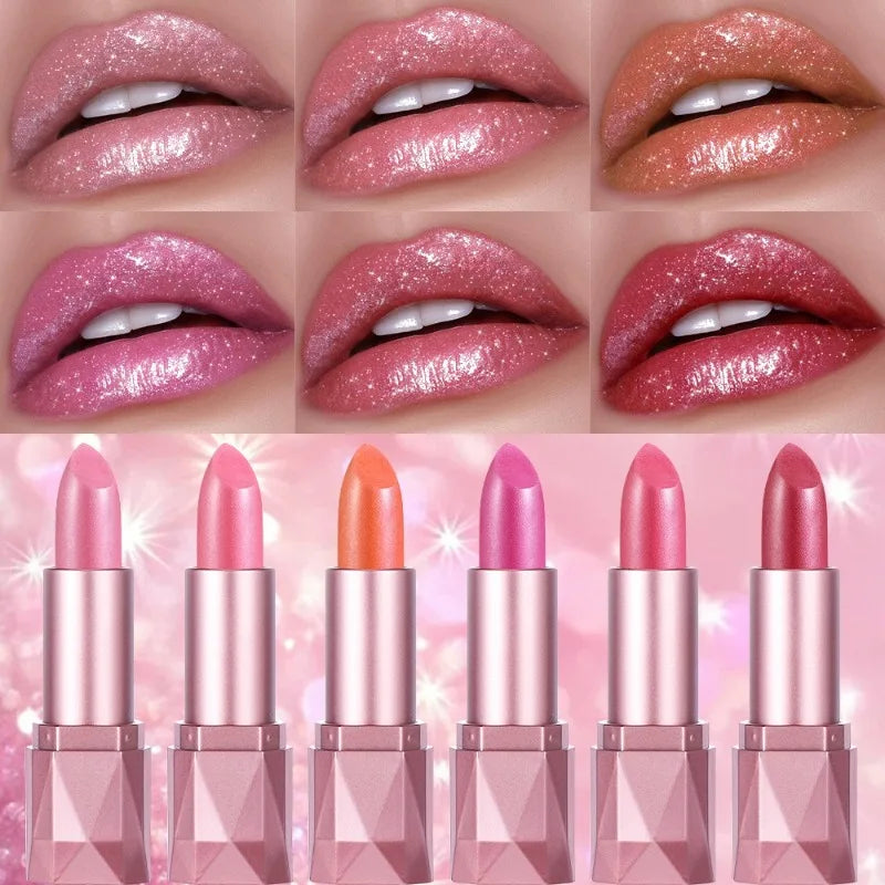 Diamond Shine Lipstick, Pearlescent Golden Lipstick with Fine Glitter, High Gloss Hydrating Long Lasting & Non-Drying...