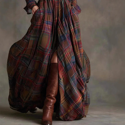 Womens Shirt Maxi Dresses Autumn Casual Long Sleeve Plaid Print Dress with Lapel Collar Button Front Pocket Retro Long Dress