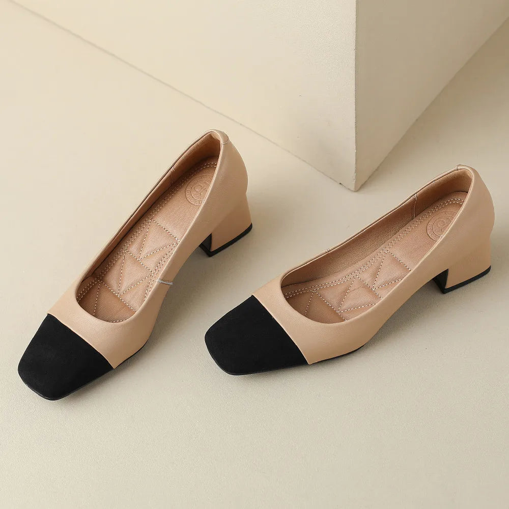 danxuefei plus size 34-42 women's genuine leather square toe slip-on pumps OL style elegant ladies 5cm thick low heel shoes sale - Kimlud