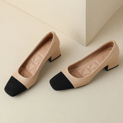 danxuefei plus size 34-42 women's genuine leather square toe slip-on pumps OL style elegant ladies 5cm thick low heel shoes sale - Kimlud