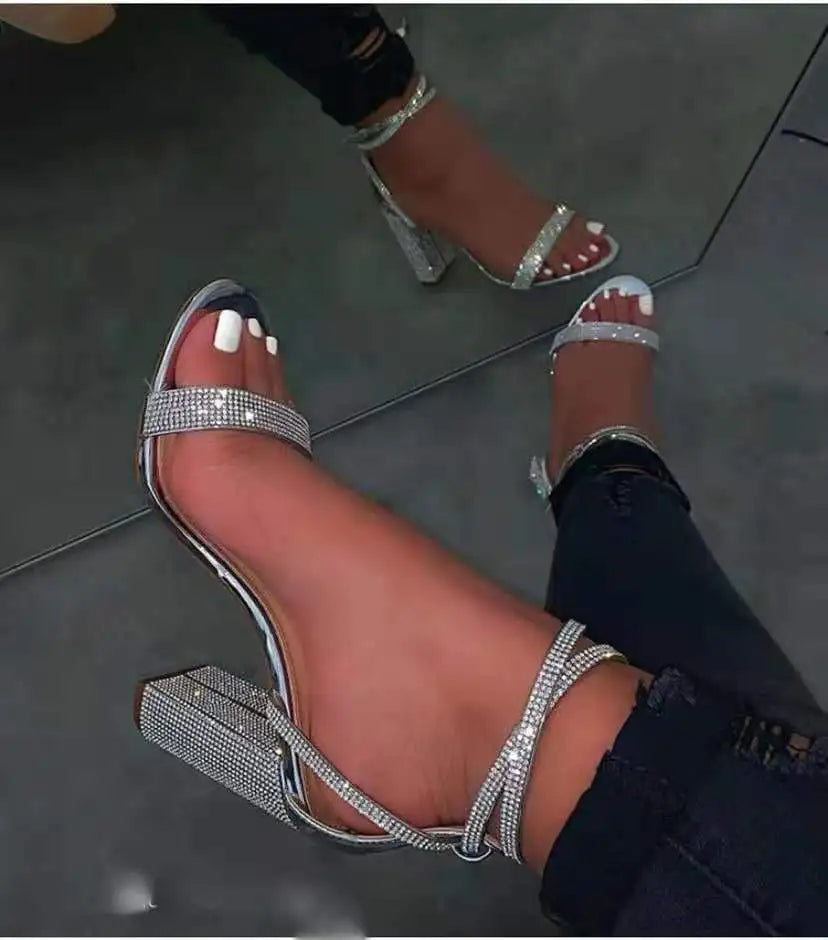 2023 New Bling Rhinestone Sandals for Women Thick High Heels Buckle Strap Heels Sexy Elegant Ladies Party Shoes Plus Size 42 - Kimlud