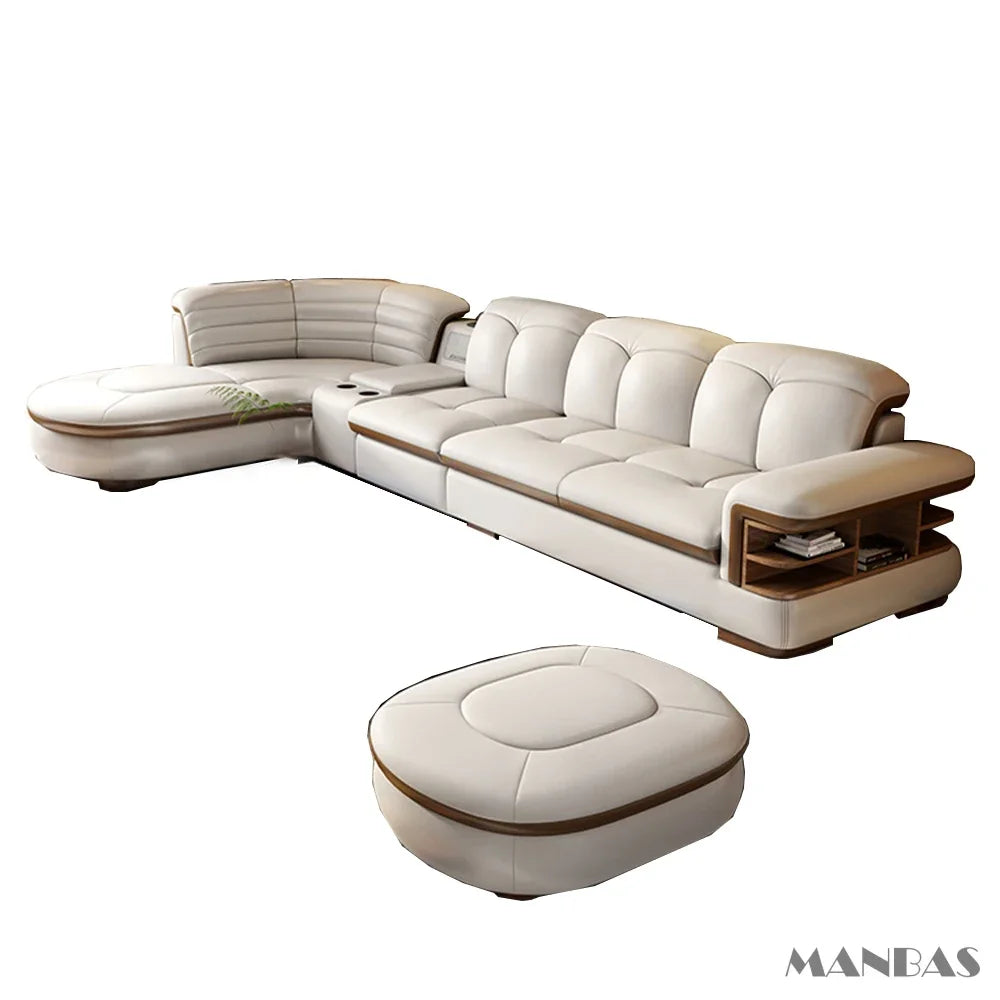 Luxury L-Shaped Genuine Leather Sectional Sofa Sets with USB, Bluetooth Speaker - Linlamlim Living Room Italian Leather Couches - Kimlud