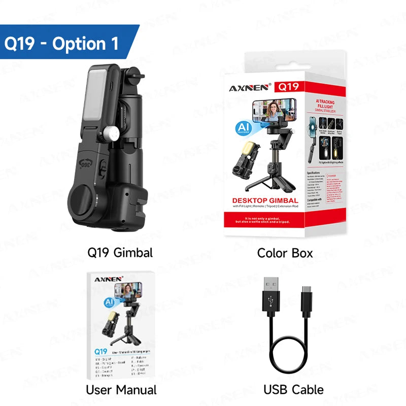 Gimbal Q19 AI Desktop 360° Auto Rotation Face Track Anti-Shake Selfie Stick Handheld Stabilizer with Fill Light for Smartphones