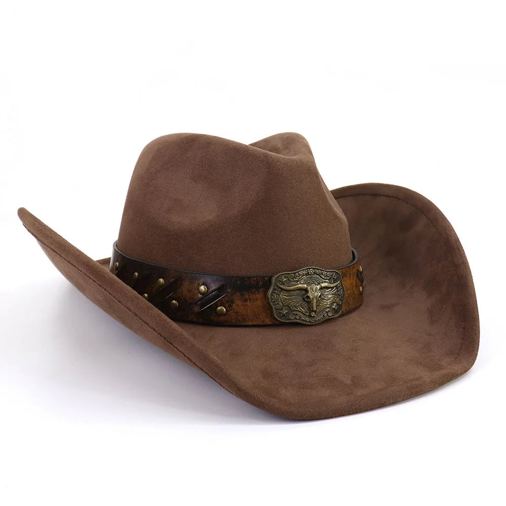 Western Big Brim Cowboy Hat Bull's Head Leather Band Suede Top Hat Outdoor Mens Hats Ladies Party Horse Riding Cowgirl...