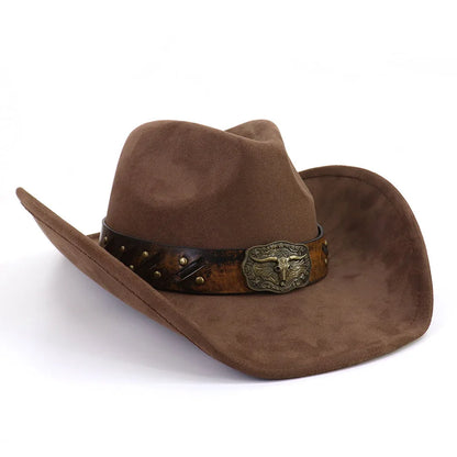 Western Big Brim Cowboy Hat Bull's Head Leather Band Suede Top Hat Outdoor Mens Hats Ladies Party Horse Riding Cowgirl...