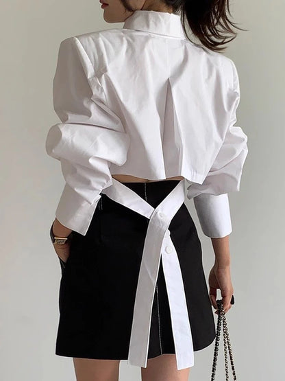 Zoki Korean Cropped White Shirts Women Back Lace Up Design Blouse Vintage Casual Long Sleeve Lady Elegant Hollow Out Spring Tops - Kimlud