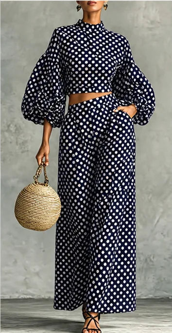 Loose Polka-dot Trousers Suit Autumn Winter Elegant Street Style Lantern Sleeve Long-sleeved Top Wide-leg Trousers Two-piece Set