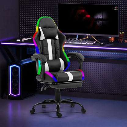 Massage Gaming Chair, Video Game Chair with LED Lights, Ergonomic Computer Chair with Footrest and Lumbar Support, Heig