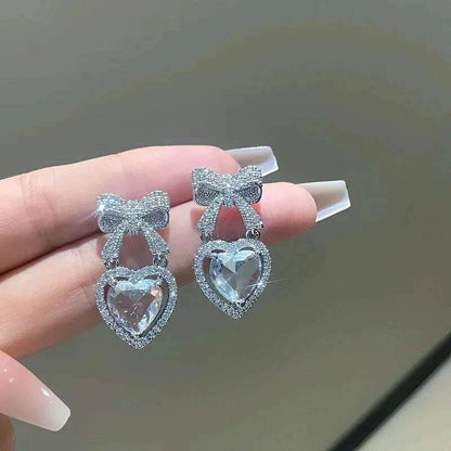 Exquisite Pink Heart Shape Bowknot Stud Earrings For Women Shining CZ Zircon Love Earring Girl Wedding Party Temperament Jewelry