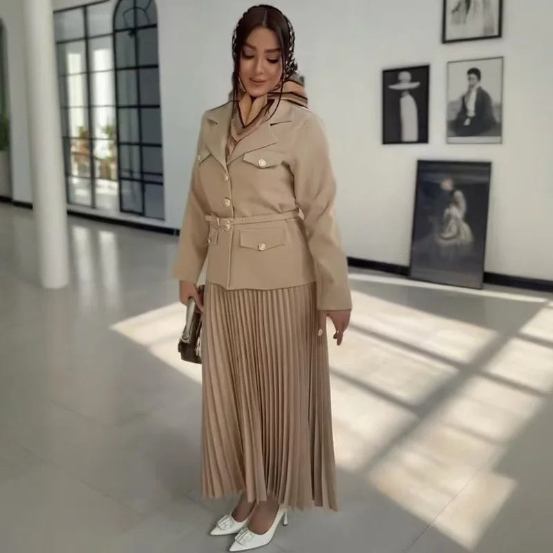 Elegant Women Two Pieces Set Single-breasted Lapel Jacket Coat Belt Pleated Midi Skirt Suit 2025 office Lady New In Matching Set