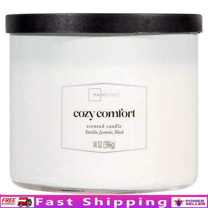 3-Wick Scented Candle Cozy Comfort Vanilla Jasmine Musk 14oz Long Lasting Home Decor Gift Relaxation 65h Burn Time