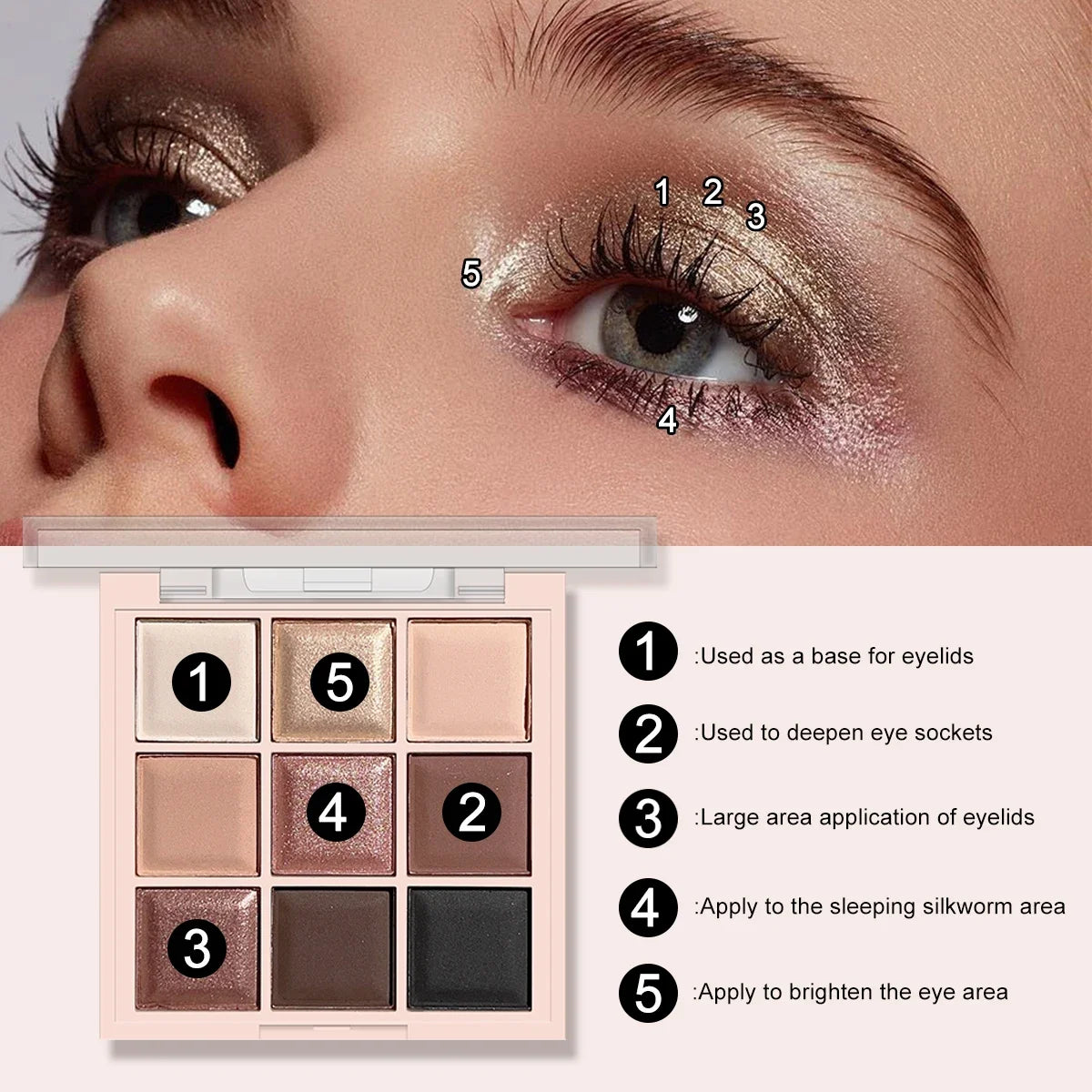 9-color eyeshadow palette, coffee brown & nude metallic tones, matte glitter & metallic finish, smoky makeup, party & stage