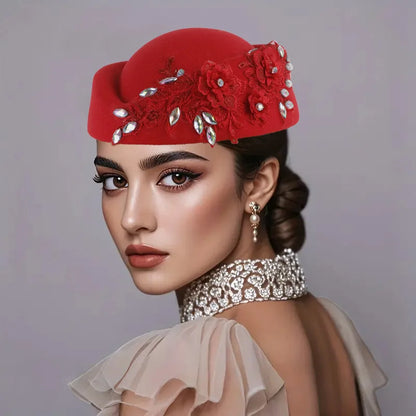 Wedding Hats Red White Cocktail Evening Party Cap for Female with Flower Church Beret Hat Cosplay Caps Costume Accessory