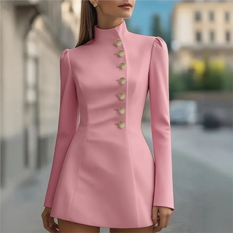 Retro Long Sleeve Metal Button Dress Women Elegant High Neck Short Dresses Lady New Chic Highstreet Party Robes