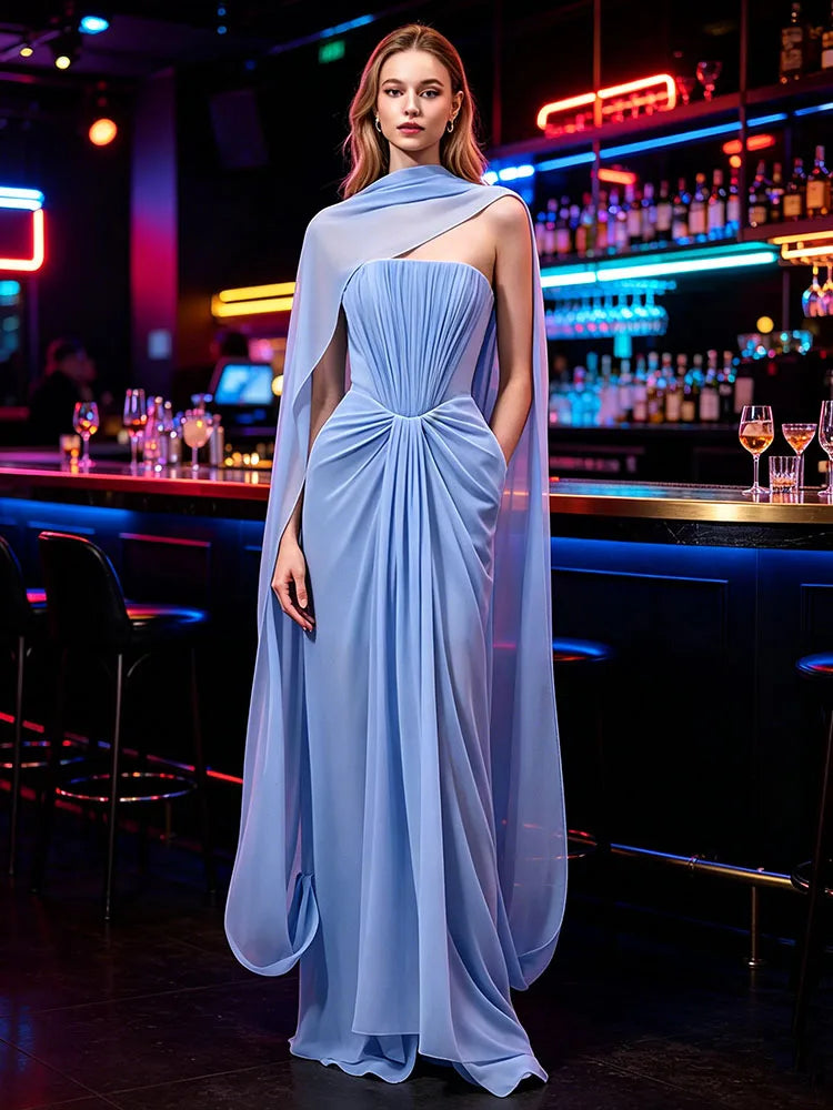 Sexy Strapless Pleated Ruched Long Dress Women Light Blue Sleeveless Mesh Patchwork Halter Slim Dresses Evening Club...
