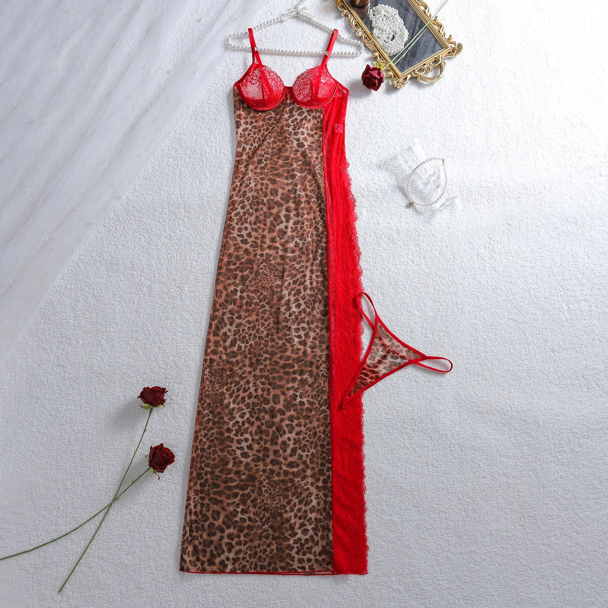 European and American Cross border 2026 Fashion High slit Strap Splicing Leopard Pattern Perspective Lace Sleeping Skirt...