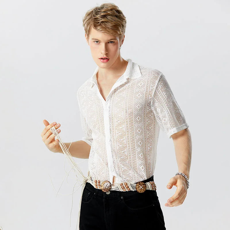 2023 Fashion Men Shirt Mesh Lace Transparent Streetwear Lapel Short Sleeve Button Camisas Party Sexy Men Clothing S-5XL...