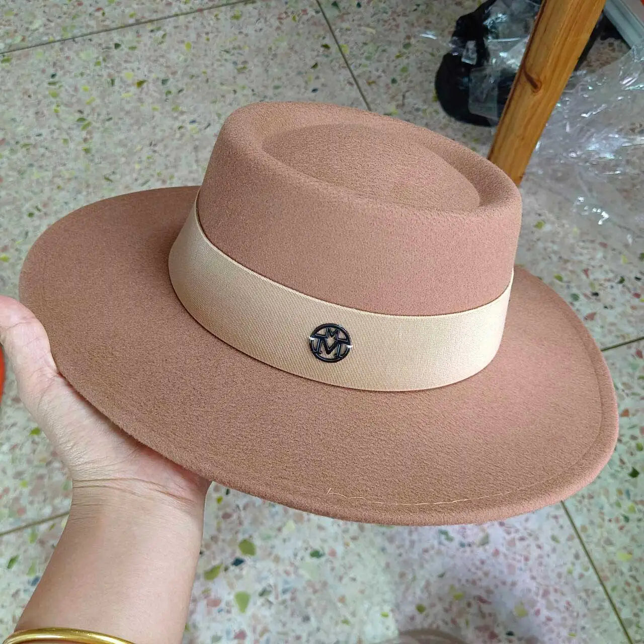 French felt hat Flat-top  Autumn and winter felt hats Letter accessories women's wide-brimmed hat sombrero fedora  sombrero