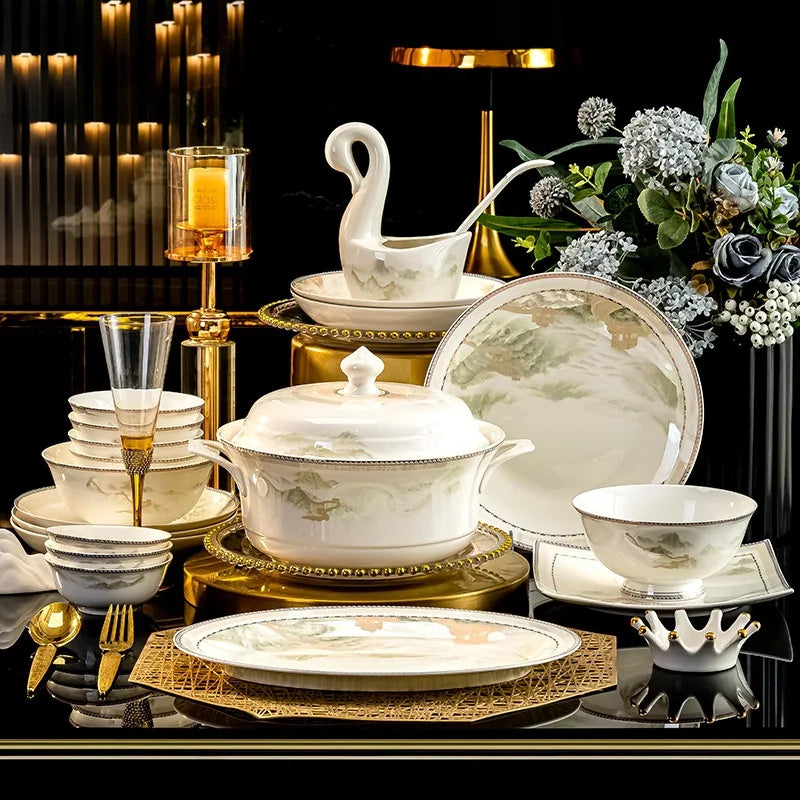 Jingdezhen dish set housewarming tableware set bowl and plate ceramic tableware set light luxury plate bowl | Kimlud...