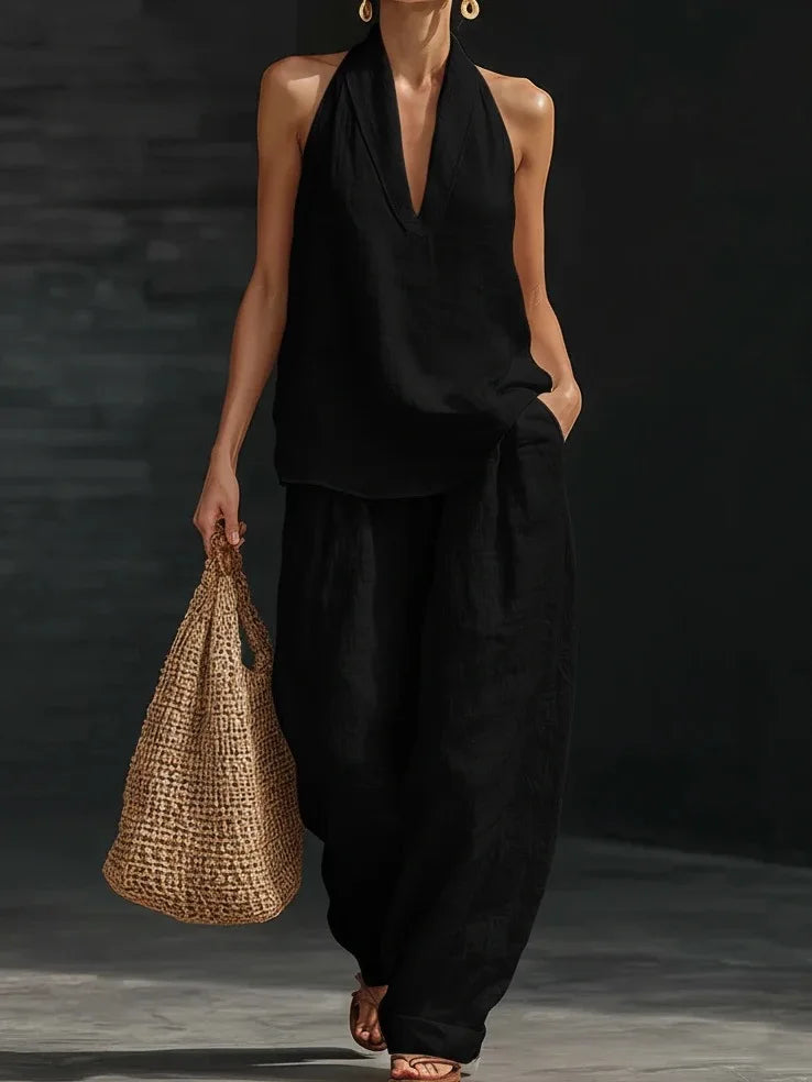 Casual Solid Set For Women Fashion Solid Sleeveless V Neck Tops+High Waist Wide Leg Pants 2 Piece Sets Lady Holiday Women's