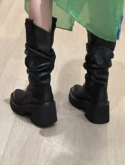 women heightened same thick-soled knight western cowboy 2026 temperament elastic stacking boots - Kimlud