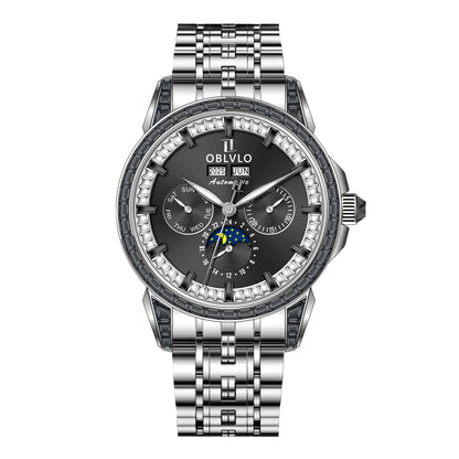 OBLVLO Men's Fashion Automatic Watch Colorful Zircon Moonphase Mechanical Multifunctional Black Leather Strap Timepiece...