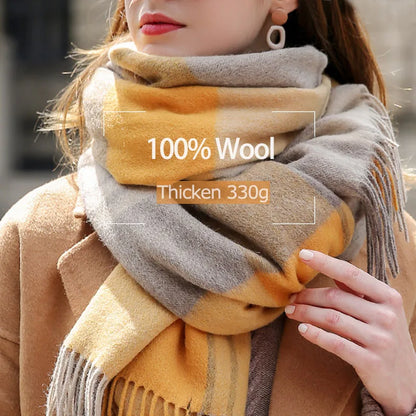 Winter 100% Lamb Wool Scarf Women Luxury Thicken Warm Shawls Wraps Checkered Pashmina Foulard Femme Plaid Cashmere...