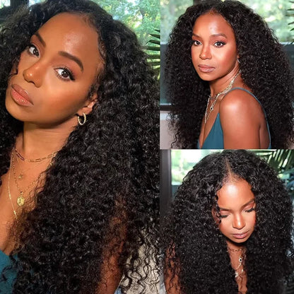 Upgraded V Part Wig Kinky Curly Wig Easy Install Brazilian 32Inch 200% Density Natural Color Deep Wave No Leave Out Human Remy Hair For Women
