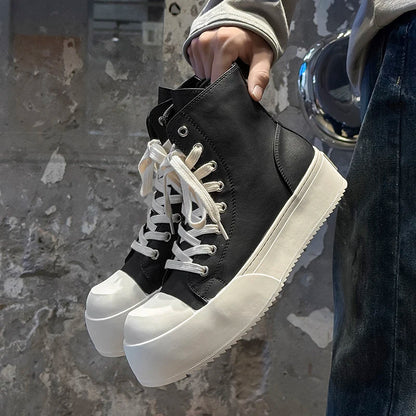 Celebrity Style Black High Top Men Shoes Thick Sole Height Increasing Couple Casual Round Toe High-end Short Boots