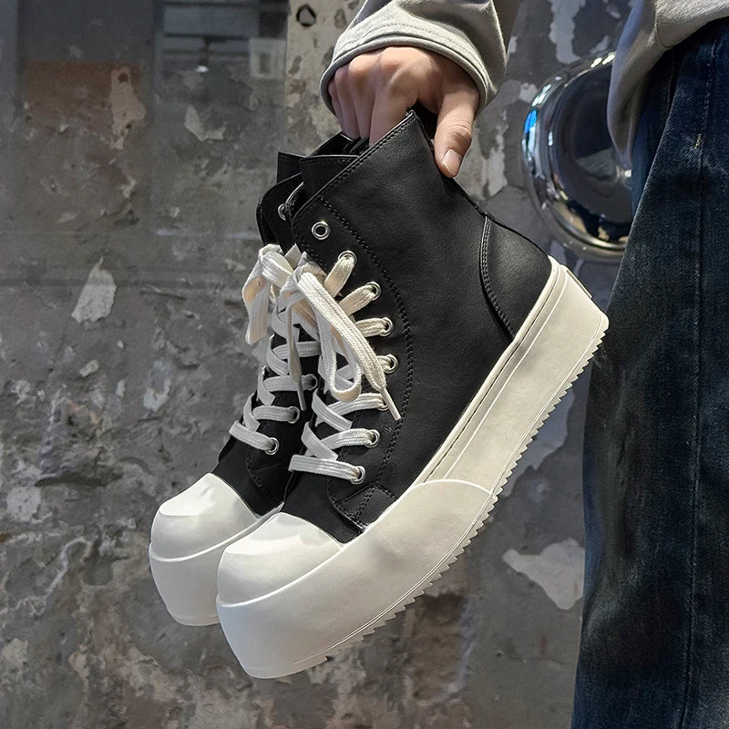 Celebrity Style Black High Top Men Shoes Thick Sole Height Increasing Couple Casual Round Toe High-end Short Boots